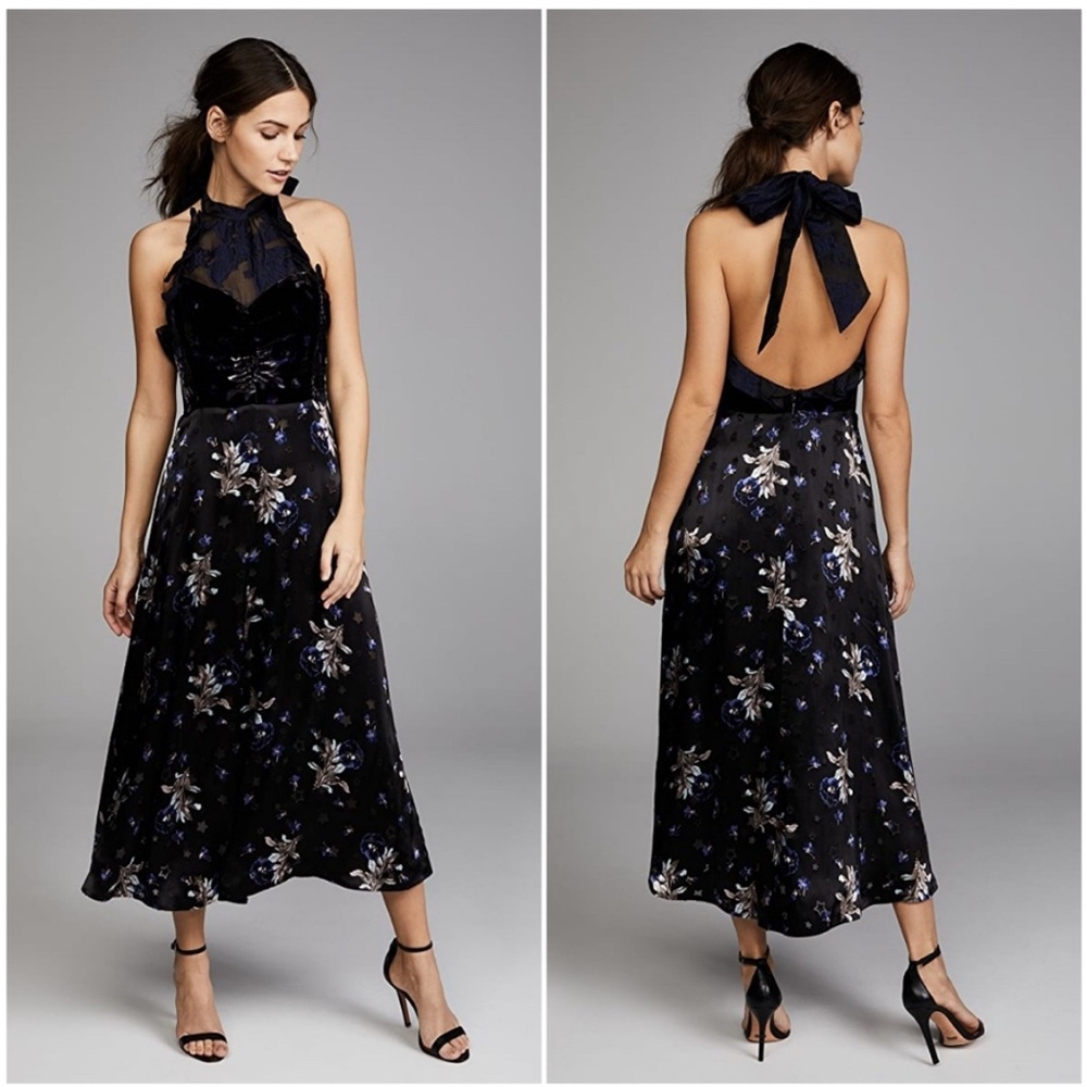 Rebecca Taylor Violet Dress Midi Halter Open Back Floral Silk Star Velvet Sz 10‎
